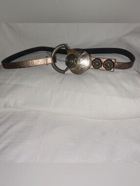 Women's Metallic Bronze Leather Statement Belt Mother Of Pearl Shell Rosette Buc